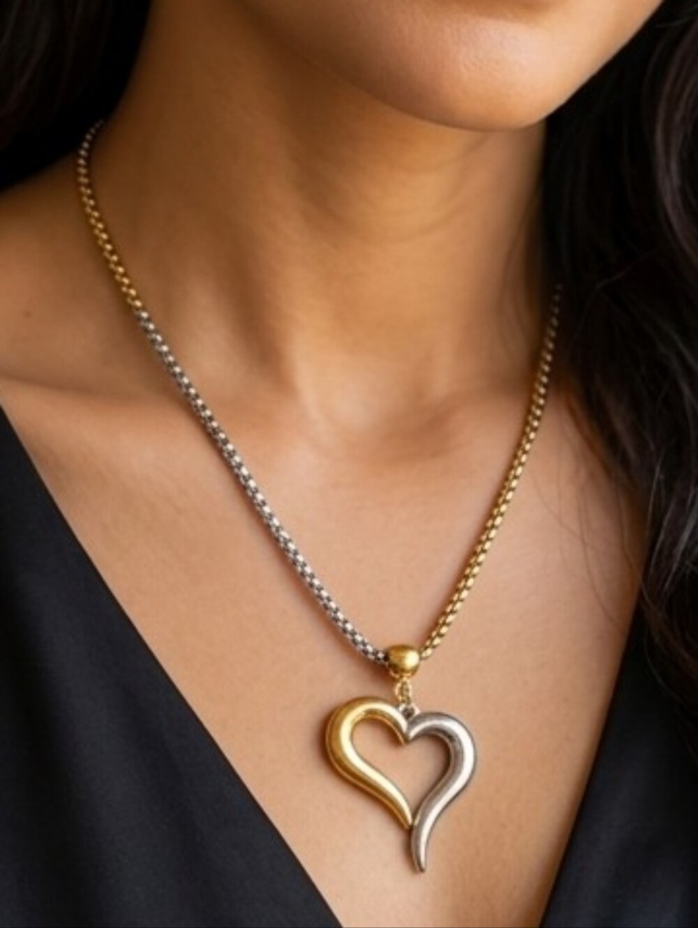 Two Tone Heart Pendant Necklace  Gold & Silver Stainless Steel